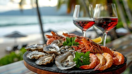 Wall Mural - A plate of seafood and wine on a table near the beach, AI