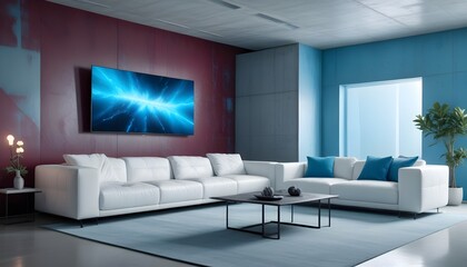 High end modern living room with white leather couch and a large flat screen tv mounted on the wall, brutalist architecture mixed with modern futuristic minimal design