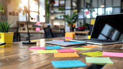 Wall Mural - Dynamic Workspace Vibrant Blank Business Cards in a Thriving Startup Office with Open Laptops and Collaborative Environment