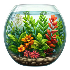 A vibrant and colorful aquatic plant display inside a clear fishbowl, showcasing various green and red plants with pebbles at the bottom. This image isolated on transparent or white background, PNG fi