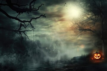 Eerie night scene with fog, bare trees, full moon, and a glowing jack-o'-lantern by the water, creating a spooky Halloween atmosphere.