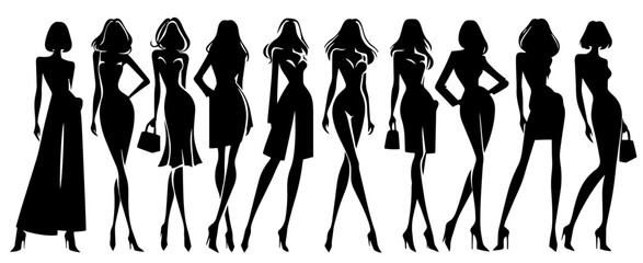 Wall Mural - silhouettes of slender women from the world of fashion black vector decorative silhouette shape sketch engraving print laser cutting