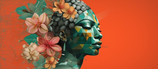 Wall Mural - Modern colorful artwork features a green statue adorned with flowers and geometric patterns set against a coral background, allowing for text insertion in the copy space image.