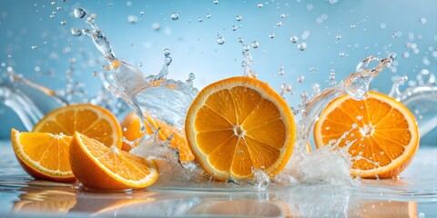 Wall Mural - Orange segments falling and splashing water, ideal for refreshing cosmetic advertisements.