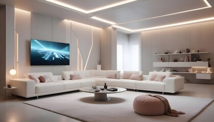 High end modern living room with white leather couch and a large flat screen tv mounted on the wall, brutalist architecture mixed with modern futuristic minimal design