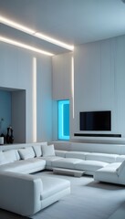 High end modern living room with white leather couch and a large flat screen tv mounted on the wall, brutalist architecture mixed with modern futuristic minimal design