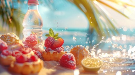 Poster - A bottle of water sitting on a table with fruit and ice, AI