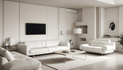 High end modern living room with white leather couch and a large flat screen tv mounted on the wall, brutalist architecture mixed with modern futuristic minimal design