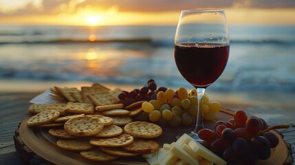 Wall Mural - A glass of wine and crackers on a table next to the ocean, AI