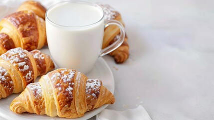 Wall Mural - Hot fresh milk with fresh croissants on white table. Generative Ai