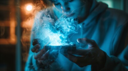A man holding a cell phone with blue smoke coming out of it, AI