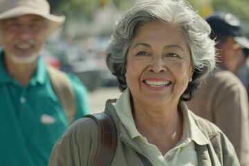 Wall Mural - Portrait of a happy senior woman smiling at the camera with her friends in the background