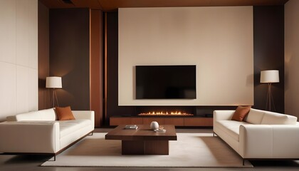 High end modern living room with white leather couch and a large flat screen tv mounted on the wall, brutalist architecture mixed with modern futuristic minimal design