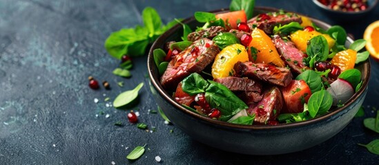 Wall Mural - The balance of protein-rich beef with nutrient-packed fruits and vegetables in the salad provides a wholesome and nutritious option for a well-rounded meal