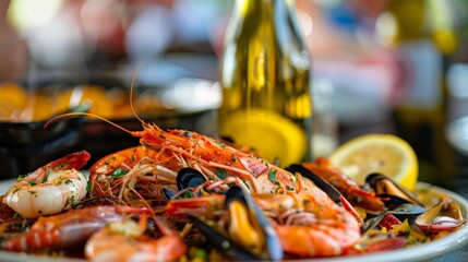 Wall Mural - A plate of seafood and vegetables on a table with wine, AI