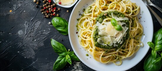 Wall Mural - Pesto sauce and parmesan on white plate with pasta 