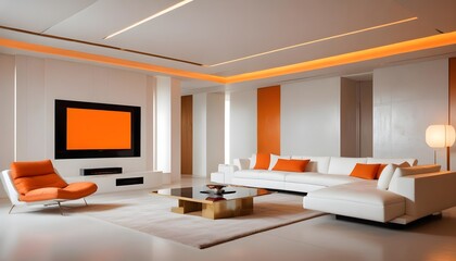 High end modern living room with white leather couch and a large flat screen tv mounted on the wall, brutalist architecture mixed with modern futuristic minimal design