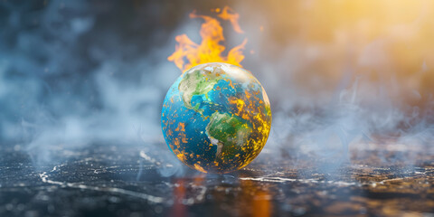 Wall Mural - Earth globe on Fire, concept of global warming and climate change. copy space.