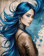 Wall Mural - Sketch of an imaginative woman with long blue hair on a grunge background with paint splashes.






