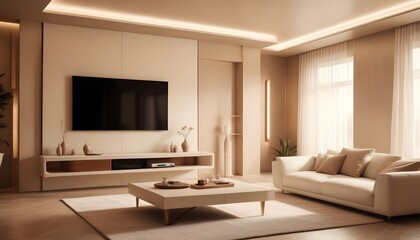 High end modern living room with white leather couch and a large flat screen tv mounted on the wall, brutalist architecture mixed with modern futuristic minimal design