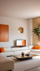 High end modern living room with white leather couch and a large flat screen tv mounted on the wall, brutalist architecture mixed with modern futuristic minimal design