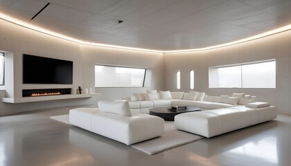 High end modern living room with white leather couch and a large flat screen tv mounted on the wall, brutalist architecture mixed with modern futuristic minimal design