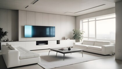 High end modern living room with white leather couch and a large flat screen tv mounted on the wall, brutalist architecture mixed with modern futuristic minimal design