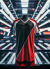 Sticker - A red and black sports jersey on a mannequin in a futuristic setting