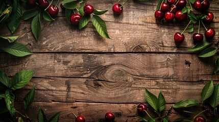 Wall Mural - Cherries with leaves on wood background