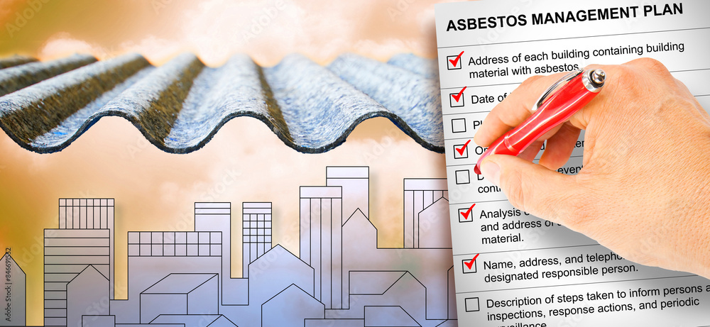Asbestos Management Plan - concept with a dangerous asbestos roof and ...
