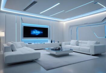 High end modern living room with white leather couch and a large flat screen tv mounted on the wall, brutalist architecture mixed with modern futuristic minimal design