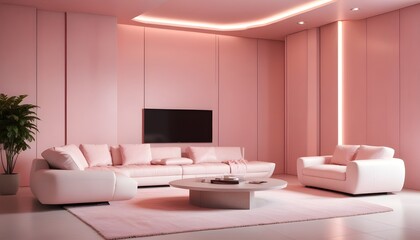 High end modern living room with white leather couch and a large flat screen tv mounted on the wall, brutalist architecture mixed with modern futuristic minimal design