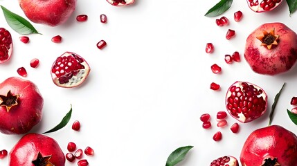 Wall Mural - Beautiful Red Pomegranate Fruit with Leaves on White Background Showcasing Natural Elegance