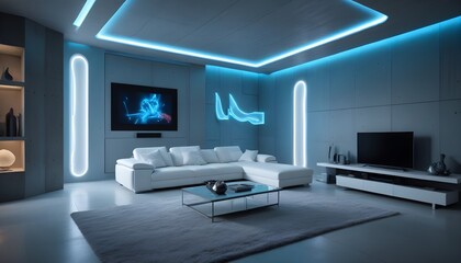 High end modern living room with white leather couch and a large flat screen tv mounted on the wall, brutalist architecture mixed with modern futuristic minimal design