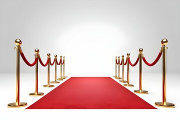 Red carpet and golden barriers on white background. VIP event, luxury celebration. Celebrity party entrance. Grand opening. Cinema premiere