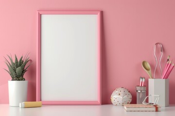 A white framed picture sits on a desk next to a clock and a potted plant