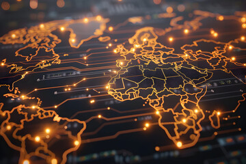 Wall Mural - glowing circuits in world map shape.