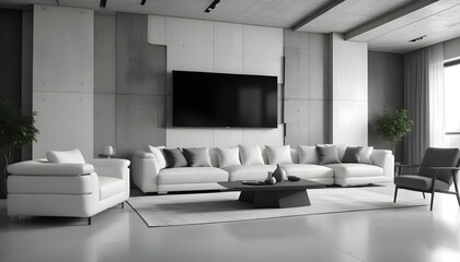 High end modern living room with white leather couch and a large flat screen tv mounted on the wall, brutalist architecture mixed with modern futuristic minimal design