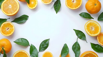 Wall Mural - Vibrant Orange Citrus Fruit with Leaves Arranged in Natural Border Frame on White Background