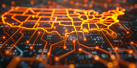 Wall Mural - glowing circuits in usa map shape.
