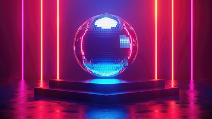 Poster - Futuristic glowing sphere with neon lights. Disco ball in neon lighting on podium or stage
