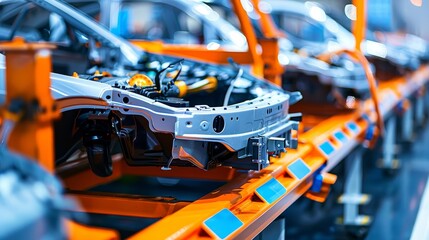 Poster - Close up of electric vehicle battery cell mass production assembly line in operation