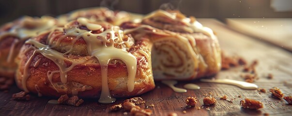 Freshly baked cinnamon rolls with gooey cream cheese icing, 4K hyperrealistic photo