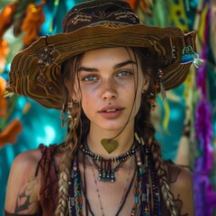 Wall Mural - Vibrant Bohemian Festival Portrait, featuring bohemian style and festival vibes, hyperrealistic 4K photo.