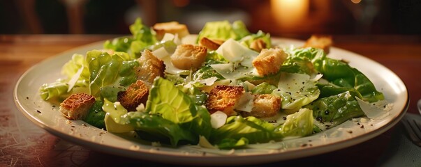 Wall Mural - Crisp Caesar salad with homemade dressing and garlic croutons, 4K hyperrealistic photo