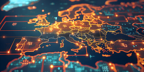 Wall Mural - glowing circuits in world map shape.
