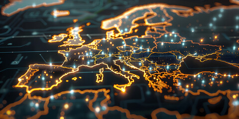 Wall Mural - glowing circuits in world map shape.