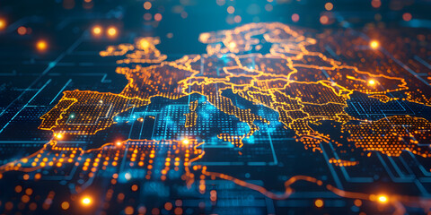 Wall Mural - glowing circuits in world map shape.