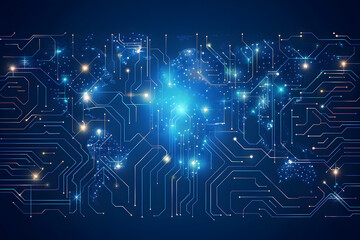 Wall Mural - glowing circuits in world map shape, white and blue tone.