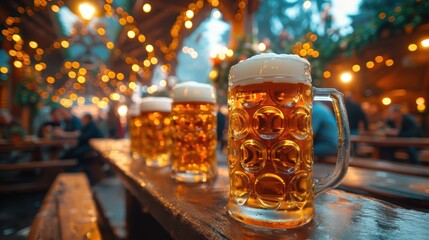 Wall Mural - Oktoberfest, munich. Beer mugs on table closeup, blur people drinking beer and having fun, tent interior.	